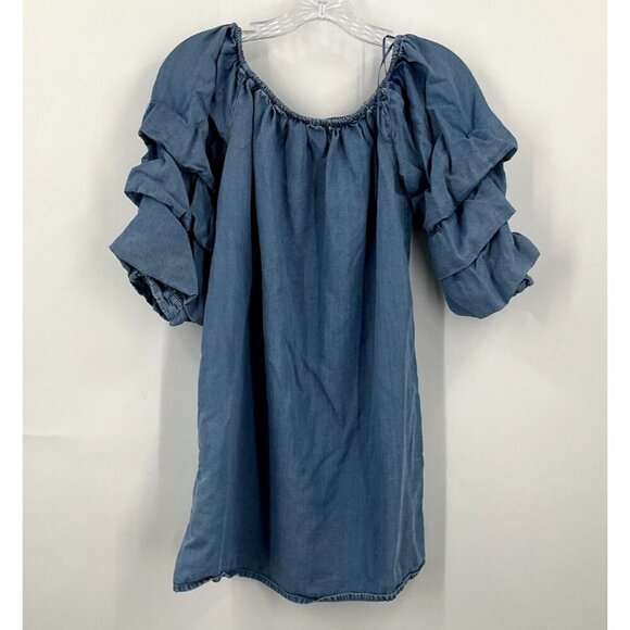 Zara Top Women S Blue Layered Sleeves Off the Shoulders Denim Tunic Peasant - Picture 2 of 7